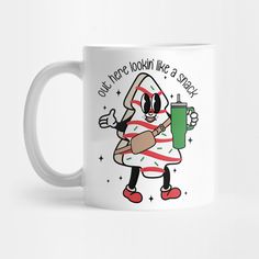 a coffee mug with a cartoon character holding a drink