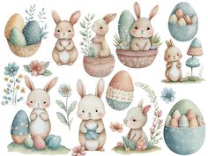 an easter scene with bunnies, eggs and flowers