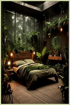 a bedroom with lots of plants and lights