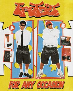 an advertisement featuring two young men in shorts and ties, with the caption for any occasion