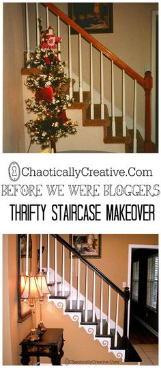 stairs with christmas tree in the middle and another photo above that says, how to decorate your staircase