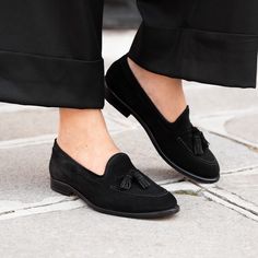 Black suede leather tassel loafers with a leather and rubber sole. A classic shape, handmade in Italy. Suede Tassel, Tassel Loafers, Aging Well, Leather Tassel, Smooth Leather, Black Suede, Suede Leather, Calf Leather, Rubber Sole