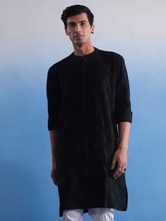 SHVAAS By VASTRAMAY Men's Black Hakooba Cotton Kurta Casual Black Festive Kurta, Black Straight Kurta For Casual Wear, Casual Black Straight Kurta, Black Cotton Straight Kurta, Black Cotton Long Sleeve Kurta, Black Long Sleeve Kurta For Transitional Season, Transitional Season Black Straight Kurta, Transitional Black Straight Kurta, Black Straight Kurta With Chikankari Embroidery