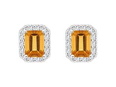 8x6mm emerald cut citrine and round white topaz rhodium over sterling silver halo stud earrings. Measures approximately 0.48" L x 0.40" W and have post with friction backings. Elegant Octagon Halo Design Jewelry, Elegant Octagon Halo Jewelry, Rectangular Halo Fine Jewelry, White Gold Citrine Jewelry With Halo Setting, Fine Jewelry With Halo Design In Octagon Shape, Octagon Halo Jewelry For Formal Occasions, Octagon Halo Fine Jewelry, Elegant Emerald Cut Yellow Jewelry, Elegant Yellow Emerald Cut Jewelry