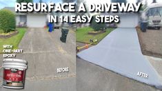 before and after photos of a driveway being resurfaced