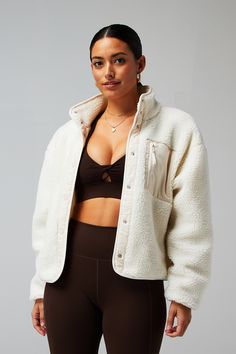 Tahoe Teddy Jacket Fabletics white female Activewear >> Womens >> Jackets & Outerwear >> Jackets regular Everyday White Sherpa Jacket Outfit, Sherpa Jacket Outfit, White Sherpa Jacket, Cropped Half Zip, Cozy Jacket, Quarter Zip Jacket, Outer Wear, Half Zip Sweatshirt, Teddy Jacket