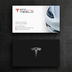 the business card is designed to look like a tesla logo and has a black background