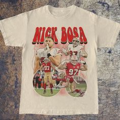 - Shirt Materials: Combed Cotton - Size: The Shirt Runs Bigger Than Usual. 5 Sizes Available: S, M. L, Xl, 2xl. - Ship: Fast Shipping. Made And Shipped From Usa. - Please Follow Me For New Items Nick Bosa Shirt, White Casual T-shirt With Vintage Print, Casual Streetwear Shirt With Vintage Print, Casual Shirt With Vintage Print For Streetwear, White Throwback Graphic Print Tops, 90s Style White Tops With Vintage Print, Nick Bosa, Custom T Shirt Printing, Shirt Football