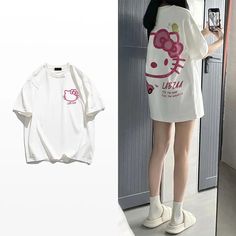 Hello Kitty Outfit, Hello Kitty T Shirt, Baggy T-shirt, Kitty Clothes, Hello Kitty Clothes, Solid Color Outfits, T Shirt Women, Graphic Tee Shirts, Fashion Details