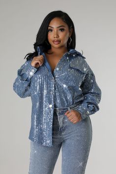 This button down denim top has sequined rhinestones allover giving a blinged out look.to an oversized button down top. Size down for a fitted look. “Allover Embellished Denim Top” non-stretch denim long sleeve button closure rhinestone embellishment Cotton/polyester Imported Sequin And Denim Outfit, Denim Sequin Outfit, Denim And Diamonds Party Outfit Plus Size, Iced Out Theme Party Outfit, Blue Jean Ball Outfit, Denim Bling Outfit, Rhinestone Outfits For Women, Lace And Denim Outfit, Denim And Diamonds Dress