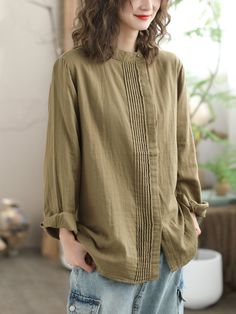 Details: Gender: Women Item Type: Blouse Material: Cotton Pattern Type: Solid Season: Spring, Autumn Style: Leisure, Daily, Retro Occasion: Going Out, Daily Size: One Size Length: 68.00 cm/ 26.77 " Bust: 120.00 cm/ 47.24 " Shoulder: 43.00 cm/ 16.93 " Sleeve: 55.00 cm/ 21.65 " Casual Blouse Women, Linen Shirts Women, Loose Fit Blouse, Modest Dresses Casual, Boho Chic Outfits, Autumn Style, Blouse Material, Spring Summer Dress, Green Blouse