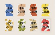 six different types of labels with the words salad, baby olives and other ingredients