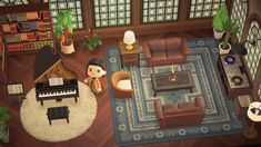 a living room filled with furniture and a piano in front of a window on top of a rug