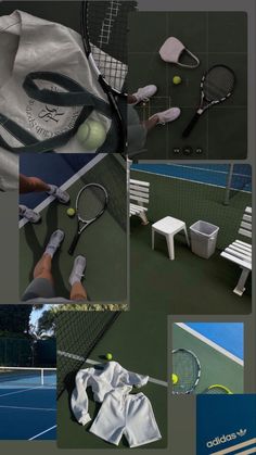 tennis equipment on the ground and in front of a bench