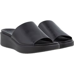 Crafted in full-grain leather with a lightweight, tech-infused sole, the ECCO Flowt Wedge LX is an open-toe mule that adds height while maintaining sleek style and ultimate comfort. Featuring a concealed elastic inset in the vamp for a perfect fit, it offers the comfort of a bedroom slipper in a stylish summer sandal that is both on-trend and timeless. These Ecco Flowt Wedge LX Black Leather Women's Sandals have the following features: Crafted from full-grain leather Platform heel with a leather Athleisure Sneakers, Bedroom Slippers, Trending Sandals, Sleek Style, Leather Sandals Women, Flip Flop Shoes, Platform Heel, House Shoes, Sleek Fashion