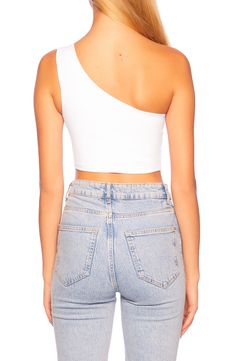 This smooth and stretchy shoulder-baring crop top makes an alluring statement with your high-waist styles. One-shoulder neck Sleeveless 90% nylon, 10% spandex Machine wash, dry flat Made in the USA of imported fabric Tank Crop Top With Built-in Bra, One Shoulder Top With Built-in Bra And Stretch, Trendy Sleeveless Elastane Crop Top, High Stretch Summer Tube Top, Trendy Fitted Off-shoulder Crop Top, Summer Stretch Elastane Crop Top, Stretch Elastane Crop Top For Summer, Fitted Off-shoulder Tank Top For Spring, Trendy One-shoulder Crop Top For Night Out