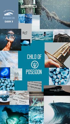 a collage of photos with the words child of poseon written in blue and white