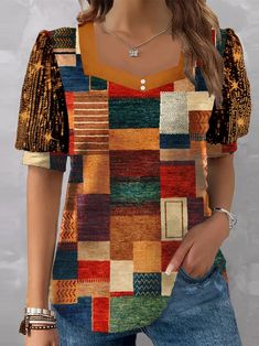 Women's Vintage Geometry Print U-Neck Short Sleeve Pullover T-Shirt Fall Patchwork Short Sleeve Tops, Casual V-neck Patchwork Top, Fall Patchwork Short Sleeve T-shirt, Short Sleeve Patchwork T-shirt For Fall, Fall Patchwork Short Sleeve Blouse, Multicolor Patchwork V-neck Top, Fall Graphic Print V-neck Tops, Multicolor V-neck T-shirt For Fall, Men Jumpsuit