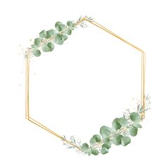 a gold frame with green leaves and greenery around it, on a white background