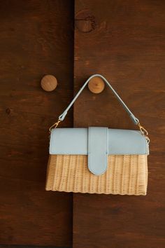 Summer Bag Hanging on Door Knob Straw Crossbody Bag, Miss Lola, Summer Bag, Blue Bags, Blue Leather, You Bag, Baby Blue, Leather Straps, Crossbody Bag