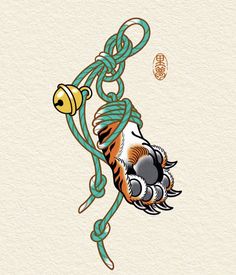 a drawing of a fish on a rope with a bell in it's mouth