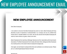 the new employee announcement email is shown in blue and white, with an image of a man