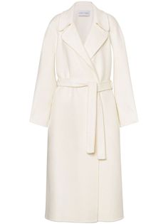 ivory white wool-cashmere blend felted finish double-breasted button fastening notched lapels long sleeves two side slit pockets belt loops detachable belt unlined straight hem Maxmara White Coat, Dressy Hats, Beautiful Wardrobe, Cashmere Color, Yoko London, City Dress, White Coat, Soft Summer, Fashion Pieces