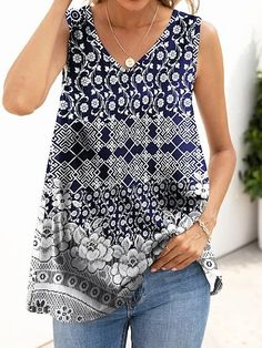 Women's Tribal Tanks V-Neck Sleeveless Bohemian Floral Print Tank Top Elegant Tank Tops, Bohemian Floral, Spring Outfits Women, Refashion Clothes, Draped Fabric, Sleeveless Vest, Printed Tank Tops, High Point, Belleza Natural