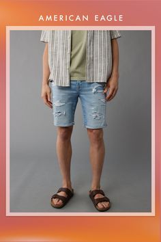 AirFlex+/Authentic denim look with lightweight flexibility and comfort you have to feel to believe./High stretch level that keeps its shape/Light wash/Patched Casual Distressed Jean Shorts, Casual Ripped Medium Wash Jean Shorts, Casual Ripped Jean Shorts With Relaxed Fit, Casual Stretch Cutoff Jeans, Casual Ripped Light Wash Jean Shorts, Casual Light Wash Ripped Jean Shorts, Casual Distressed Stretch Jean Shorts, Casual Light Wash Recycled Denim Bottoms, Casual Stretch Distressed Jean Shorts