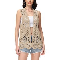 Introducing the Anna-Kaci Women's Floral Crochet Cardigan Lace Trim Sleeveless Open Front Vest. This lightweight and breathable cover-up features intricate floral crochet lace trim and a draped asymmetric hem for a simple yet stylish boho look. Spring Vacation V-neck Sweater Vest, Beige Sleeveless Top For Beach Season, Fall Sleeveless Open Knit Tank Top, Fall Open Knit Sleeveless Tank Top, Fall Season Sleeveless Open Knit Tank Top, Fall Season Open Knit Sleeveless Tank Top, Sleeveless Open Knit Sweater Vest For Fall, Open Knit Sleeveless Sweater Vest For Fall, Sleeveless Open Knit Crochet Top For Fall