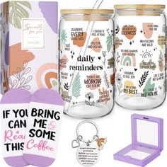 two glass jars with magnets, keychain and other items