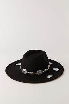 Taking a forever classic to the next level, this so cool hat is featured in a staple wide brim style and felt fabrication with western-inspired chain at center and fun, iridescent shape cutouts for added dimension. | Forever Western Wool Hat by Free People in Black Cool Hat, Cool Hats, Wool Hat, So Cool, Wide Brimmed, Next Level, Free People, The Next, Felt