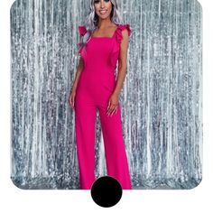 Super Cute Stretchy Material. Very Flattering. Runs Slightly Small For A L. Slim Fitting Feminine Sleeveless Party Jumpsuits And Rompers, Feminine Sleeveless Jumpsuits For Night Out, Pink Ruffled Jumpsuits And Rompers For Date Night, Trendy Ruffled Jumpsuits And Rompers For Parties, Pink Party Jumpsuits And Rompers With Ruffles, Cheap Stretch Pink One-piece, Pink Party Jumpsuits With Ruffles, Fitted Pink Jumpsuit With Ruffles, Summer Pink Long-sleeve Jumpsuits And Rompers