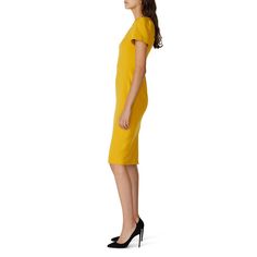 Mustard yellow crepe (63% Polyester, 32% Viscose, 5% Elastane). Sheath. Short sleeves. V-neckline. 40" from shoulder to hemline. Imported. Rent The Runway, Closet Designs, Mustard Yellow, Sheath Dress, Mustard, Short Sleeves, Summer Dresses, Wardrobe, Yellow