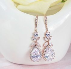 Rose Gold Drop Bridal Earrings For Party, Formal Rose Gold Drop Bridal Earrings, Rose Gold Sparkling Bridal Earrings For Wedding, Rose Gold Bridal Earrings With Sparkling Cubic Zirconia, Rose Gold Cubic Zirconia Drop Bridal Earrings, Drop Bridal Earrings, Pink Shop, Bridal Earrings Drop, Wedding Bridesmaid Jewelry