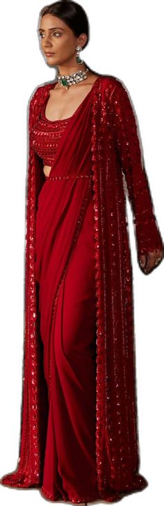 Elegant Red Pre-draped Saree For Festive Occasions, Red Georgette Pre-draped Saree With Sheer Dupatta, Elegant Red Pre-draped Saree For Diwali, Elegant Evening Traditional Wear In Georgette, Red Party Wear Pre-draped Floor-length Saree, Elegant Red Pre-draped Saree With Sheer Dupatta, Red Semi-stitched Lehenga For Evening, Red Pre-draped Saree With Sheer Dupatta For Evening, Red Pre-draped Saree For Party