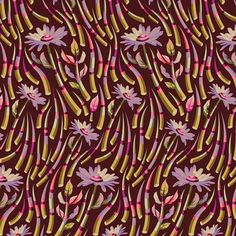 an abstract floral pattern with pink and yellow flowers