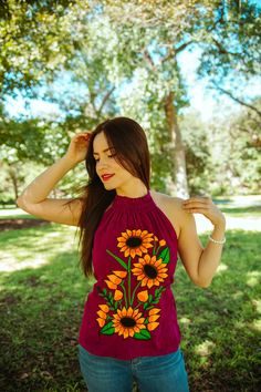 ❣️Connecting Mexican Artisans and Handmade products with you❣️ Beautiful flowered Mexican top XL off shoulder Size dimensions 🧵 Made in Chiapas Mexico 🧺 Care instructions: we recommend hand washing, lay flat to dry. 🤔Please feel free to message me with any questions regarding sizing and fit. 📸 Additional pics can be provided upon request. Embroidered sunflower top The model is wearing size Small Summer Fitted Off-shoulder Halter Top, Fitted Off-shoulder Halter Top For Summer, Summer Vacation Blouse With Elastic Neckline, Spring Vacation Tops With Elastic Neckline, Summer Tops With Elastic Neckline, Summer Blouse With Elastic Neckline For Vacation, Sleeveless Tops With Elastic Neckline For Vacation, Sleeveless Tops With Elastic Neckline For Summer, Summer Beach Top With Elastic Neckline