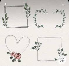 four hand drawn frames with flowers and leaves on them, one has a heart in the middle