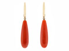 Each red coral drop suspended from a diamond line top, in 18k gold. Handmade in Beverly Hills, California. Elegant Red Earrings With Polished Finish, Elegant Yellow Gold Jewelry With Red Coral, Elegant Red Coral Dangle Earrings, Elegant Red Coral Drop Earrings, Red Drop Earrings For Formal Occasions, Elegant Red Coral Earrings, Tiffany Diamond, Jewelry Staples, Gold For Sale