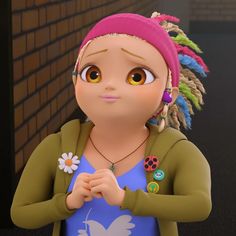 a cartoon character is standing in front of a brick wall with her hands folded and looking at the camera