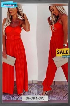 Solid Pleated Jumpsuit Loose Wide Leg Beach Romper Overall Chic Orange Jumpsuits And Rompers For Vacation, Chic Orange Jumpsuits And Rompers For Beach, Chic Orange Jumpsuit And Romper For Vacation, Chic Orange Beach Jumpsuits And Rompers, Summer Orange Sleeveless Jumpsuits And Rompers, Sleeveless Orange Jumpsuits For Summer, Trendy Orange Jumpsuits And Rompers For Beach, Trendy Orange Summer Jumpsuits And Rompers, Fitted Jumpsuits And Rompers For Summer Beach