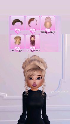 an animated doll with blonde hair and bangs on it's head, standing in front of