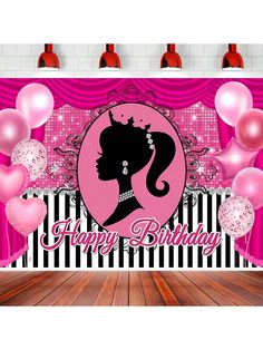 an image of a happy birthday party with balloons and princess silhouettes on the stage