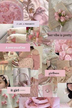 a collage of pink and white items with words on them that say it girl