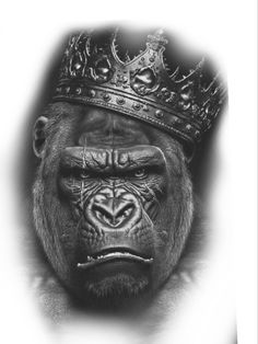 a black and white photo of a gorilla wearing a crown