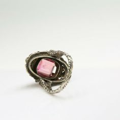 Sterling Silver and 14K Gold Baroque style ring, pink dome top stone, gold flowers on sterling silver frame cared shank, 7/8 inches across, 10.7 x 8.6 mm, faceted back pink stone, Ring size 5.5, Circa 1950, 6.3 grams SKU# BB263R28 This listing contains photographs of the actual item you will receive. Our items are in excellent condition with little or no signs of wear and many are one of a kind pre-owned estate finds. Please look closely at the pictures in this listing as they are part of the pr Pink Stone Ring, Gold Baroque, Sparkly Ring, Gold Diamond Band, Baroque Style, Stone Gold, Baroque Fashion, Fine Jewelry Designers, Blue Topaz Ring