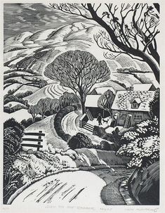 a black and white drawing of a snowy landscape with houses, trees, and mountains