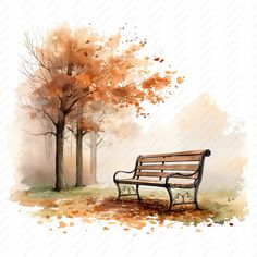 a painting of a park bench in front of a tree with leaves on the ground