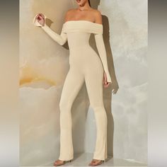 Long Sleeve Open Back Jumpsuit In Stone Size Us 10 From Oh Polly. Very Strechy. Can Fit M/L Chic Full-length Non-stretch Jumpsuits And Rompers, Chic Full Length Non-stretch Jumpsuits And Rompers, Chic Full-length Non-stretch Jumpsuit, Beige Casual Jumpsuits And Rompers For Party, Casual Beige Jumpsuits And Rompers For Party, Chic Fitted High Waist Jumpsuits And Rompers, Chic Full Length Jumpsuits And Rompers For Loungewear, Beige Stretch Jumpsuit For Party, Chic Fitted Full-length Bodysuit